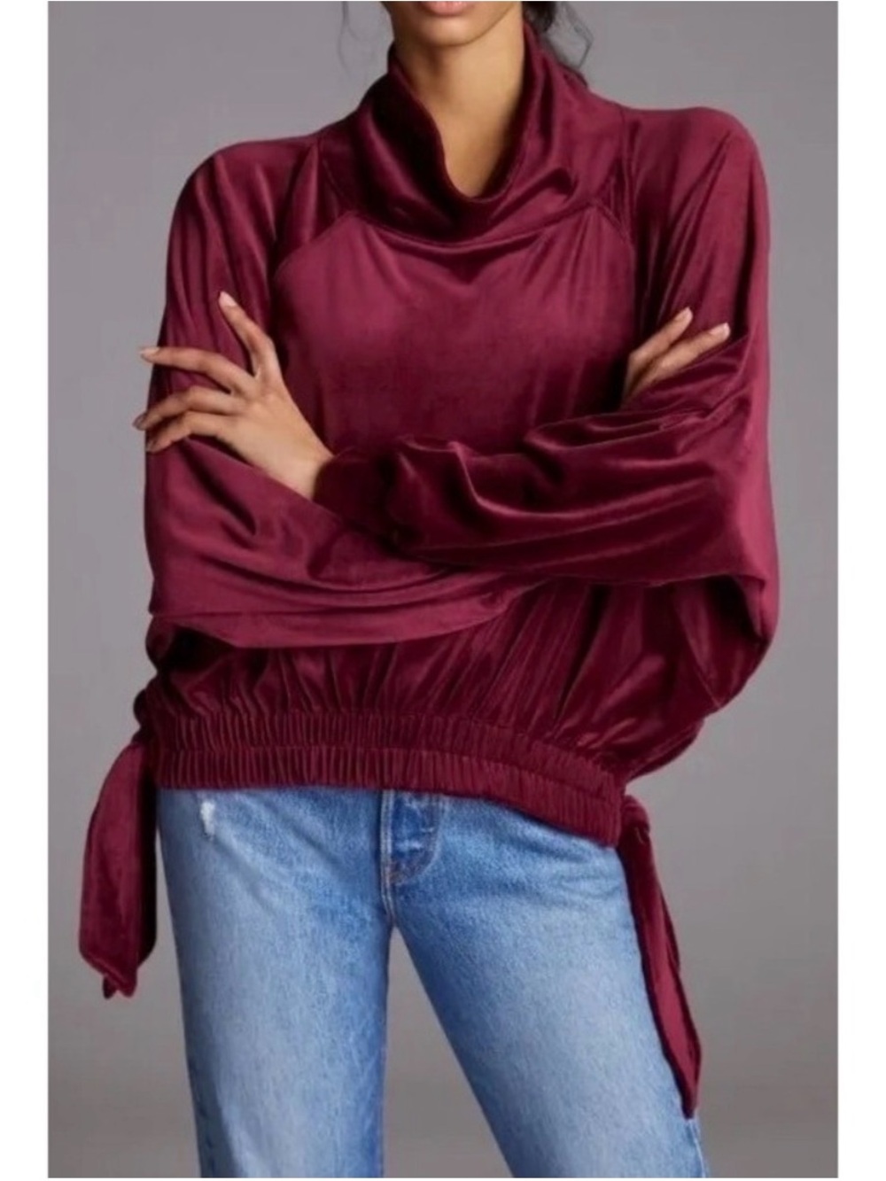 Anthropologie Daily Practice Velour Tie Side Sweatshirt Small Burgundy Fall Chic